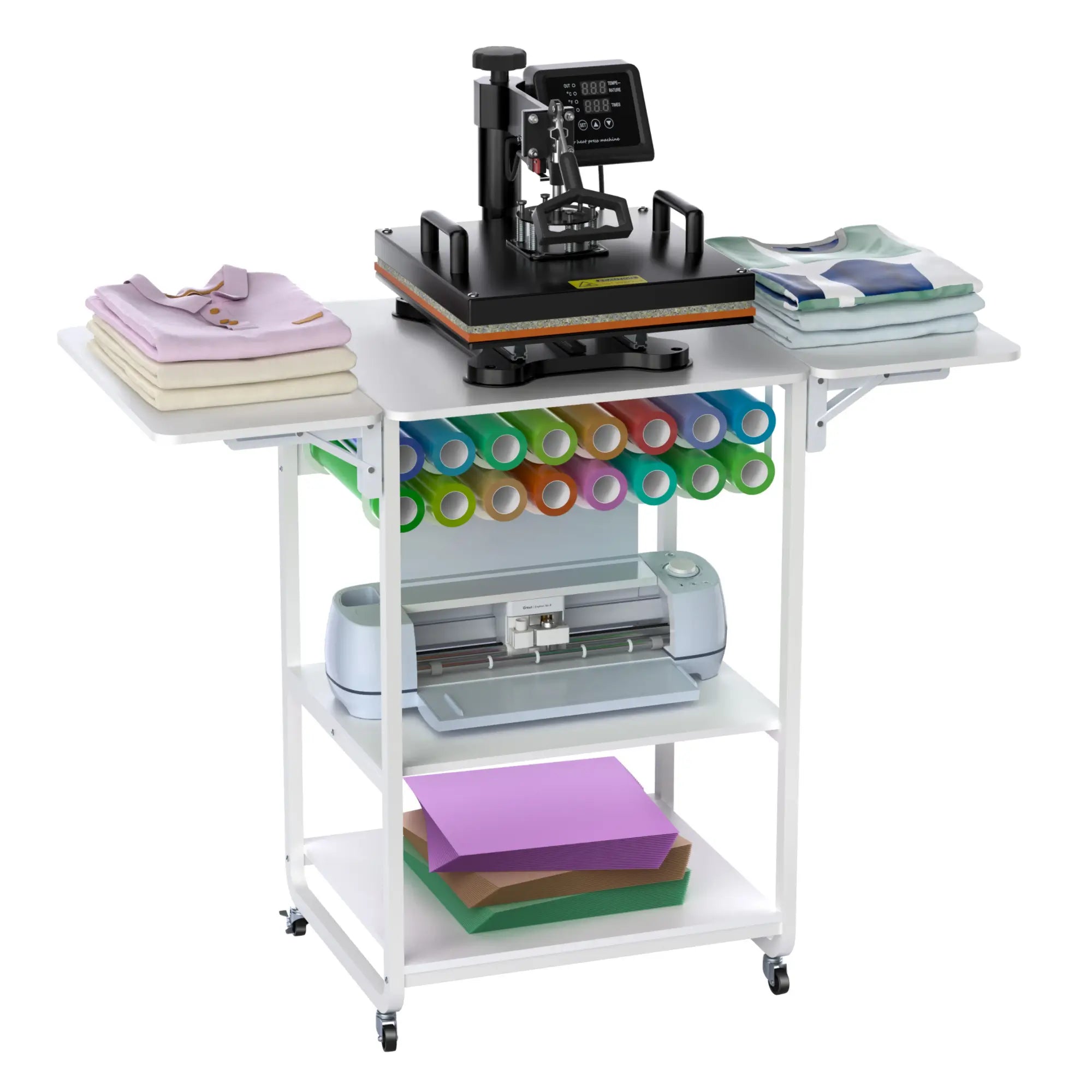 Crafit 3-Tier Rolling Craft Storage Workbench with Foldable Sides for Heat Press white