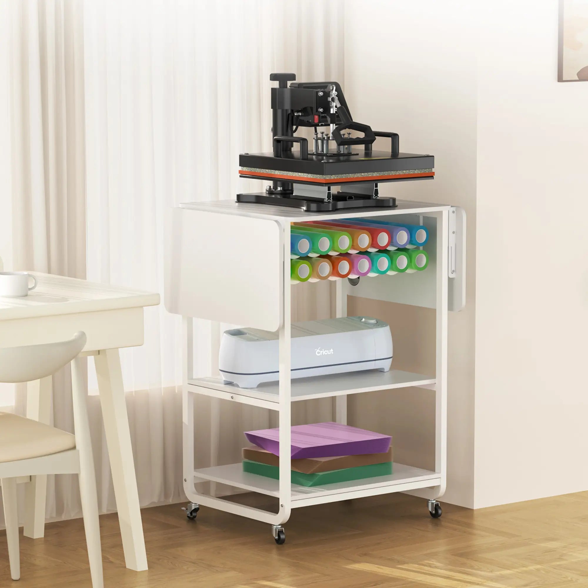 Crafit 3-Tier Rolling Craft Storage Workbench with Foldable Sides for Heat Press